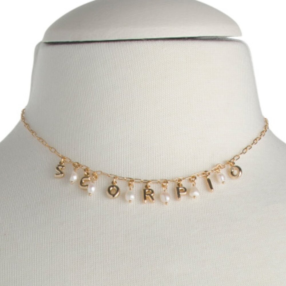 NWT LUNA NORTE Scorpio Gold Tone Astrological Pearl Letter Necklace w/ Gift Box - Picture 2 of 6